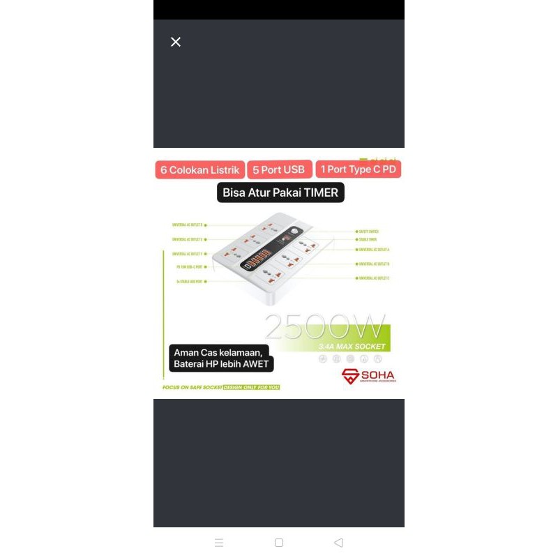 SOHA BKL-12 STOP KONTAK/POWER SOCKET USB TYPE C TIMERQC