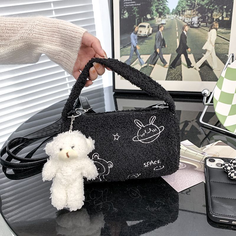 [littlecrab] Tas Tabung Lucu Motif Planet Alien Satelit Bintang Space Cute Sling Bag Lucu Unik Bentuk Tabung Tas Bulu Plus Gantungan Bear Lucu Tas Selempang Berkualitas Tas Jinjing High Quality Korean Style