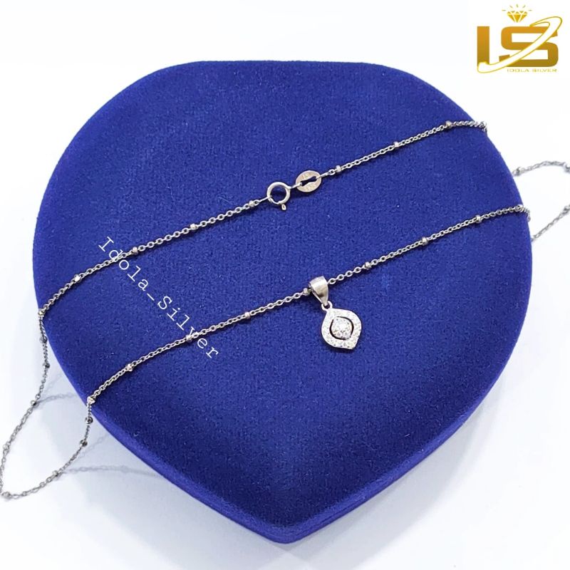 KALUNG PERAK ASLI SILVER WANITA 925 LAPIS EMAS PUTIH MODEL LIONTIN OVAL PERMATA+BULAT PERMATA - PERHIASAN PERAK WANITA ASLI