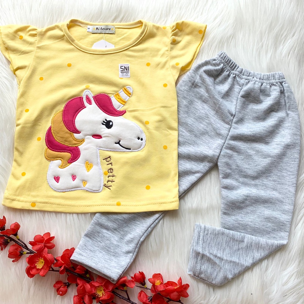 Baju setelan piyama tidur pink gambar lucu bestseller fashion anak bayi cewek perempuan murah -uni