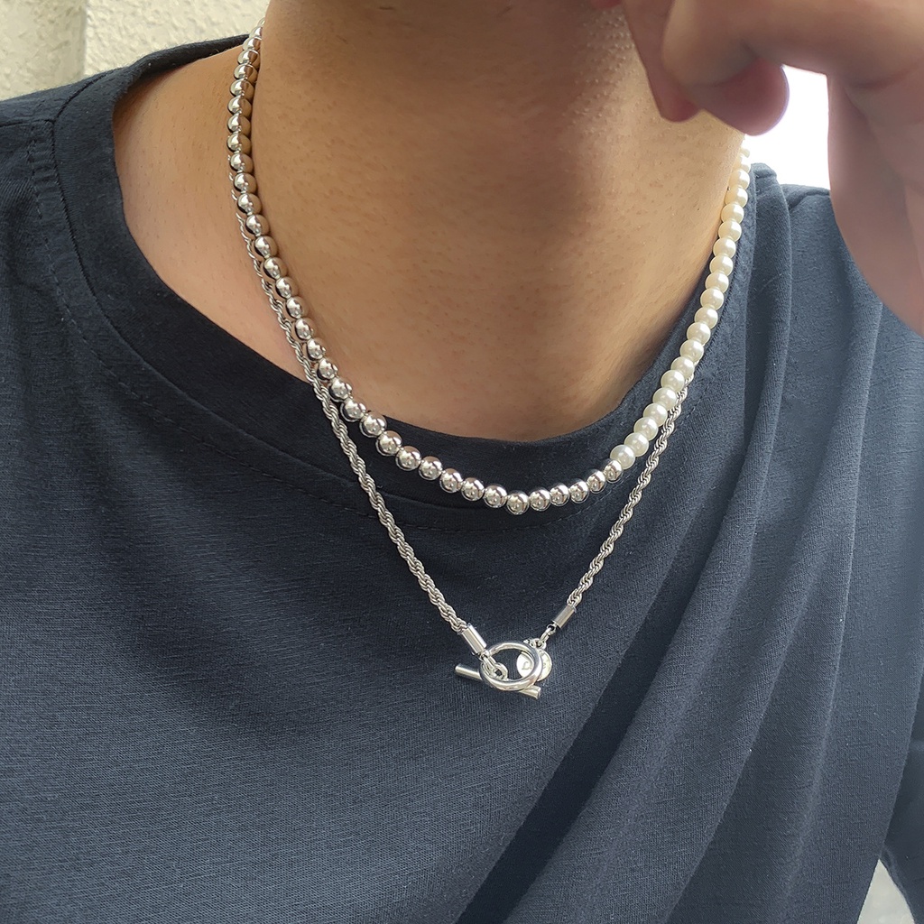 Kalung Mutiara Double layer Gaya Eropa Amerika Untuk Pria