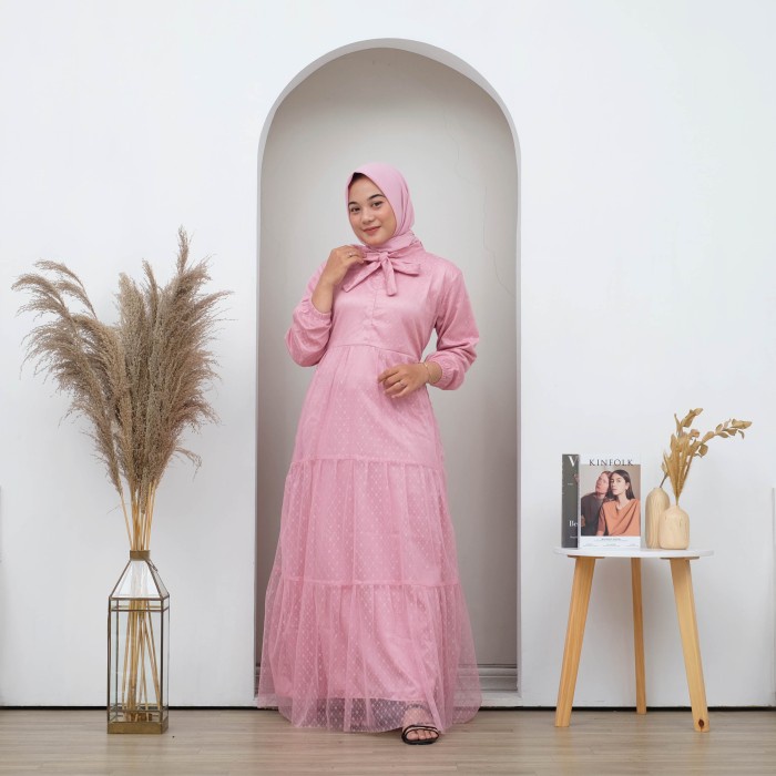Maxi Dress Full Dotty Gamis Pesta Mewah Laura Dress - Pink