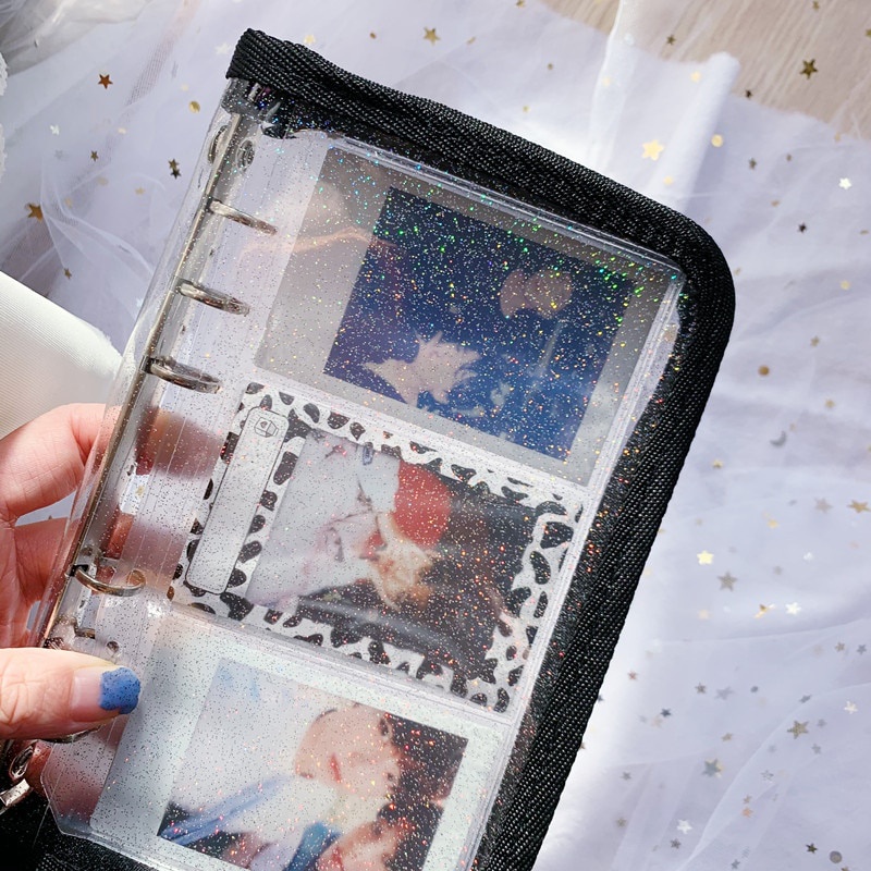 A6 A5 Zipper Binder Kpop Transparent Glitter Photocard Binder DIY Album Foto 6 Lubang Loose-Leaf Bag Organizer Notebook Stationery