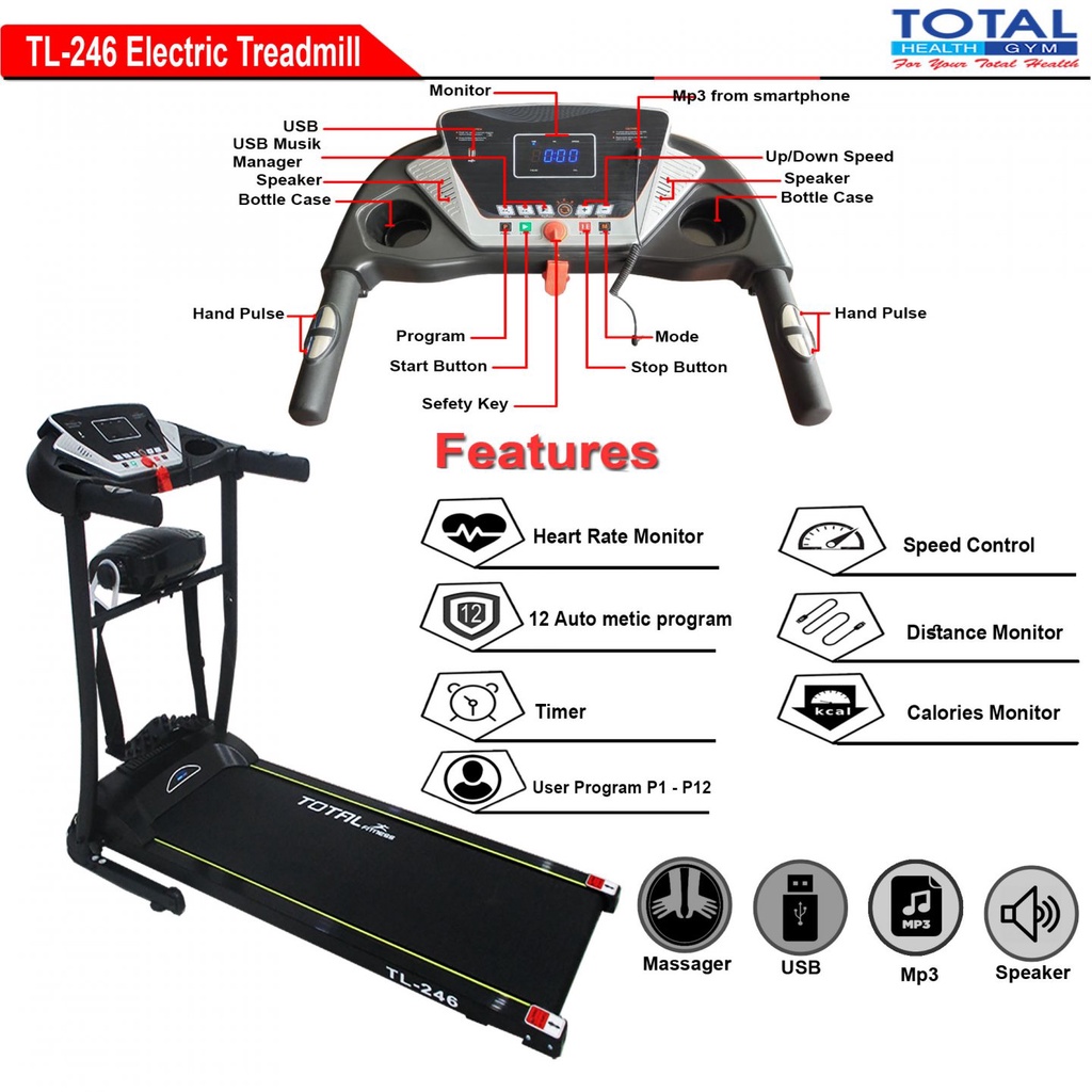 TOTAL HEALTH GYM - New Alat Olahraga Fitness Gym Sport Latihan Kardio Walking Pad Treadmill Listrik Elektrik Total TL 246 + Massager