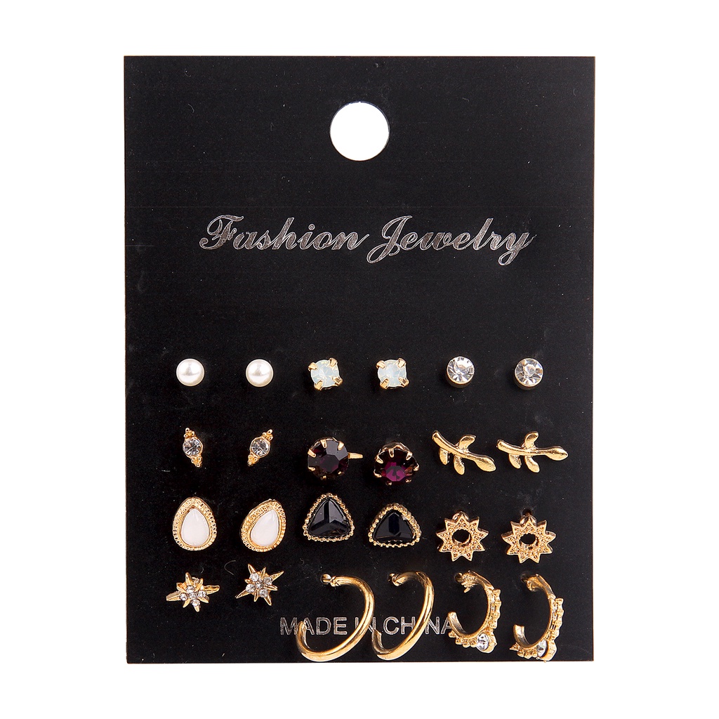 12 Pasang / Set Anting Tusuk Gantung Wanita Bahan Metal Desain Bunga + Mutiara + Kristal Gaya Bohemian Untuk Hadiah