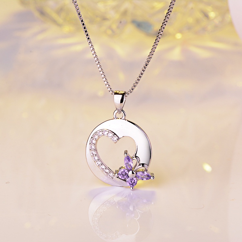 [Ready Stock]Fashion Bowknot Heart Shape with Diamond Pendant Amethyst Necklace