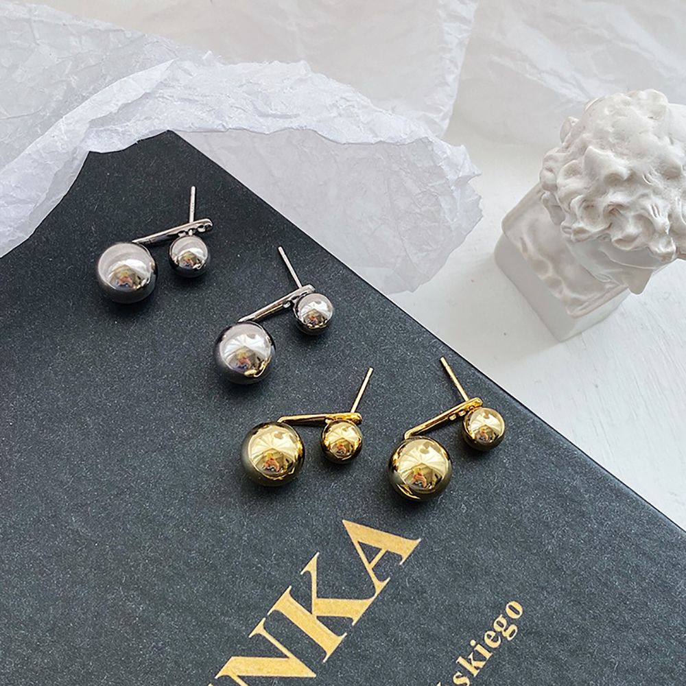 Needway  Elegant Ball Earring Korean Female Earrings Stud Earrings Back Hanging Round Delicate Alloy Girls Double Balls Fashion Jewelry/Multicolor