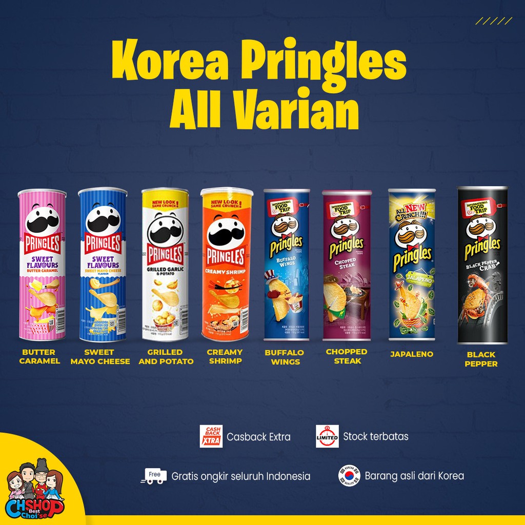 Korea Pringles  Butter Caramel, Garlic, Creamy shrimp, Buffalo wings, Chopped steak - Korea Snack