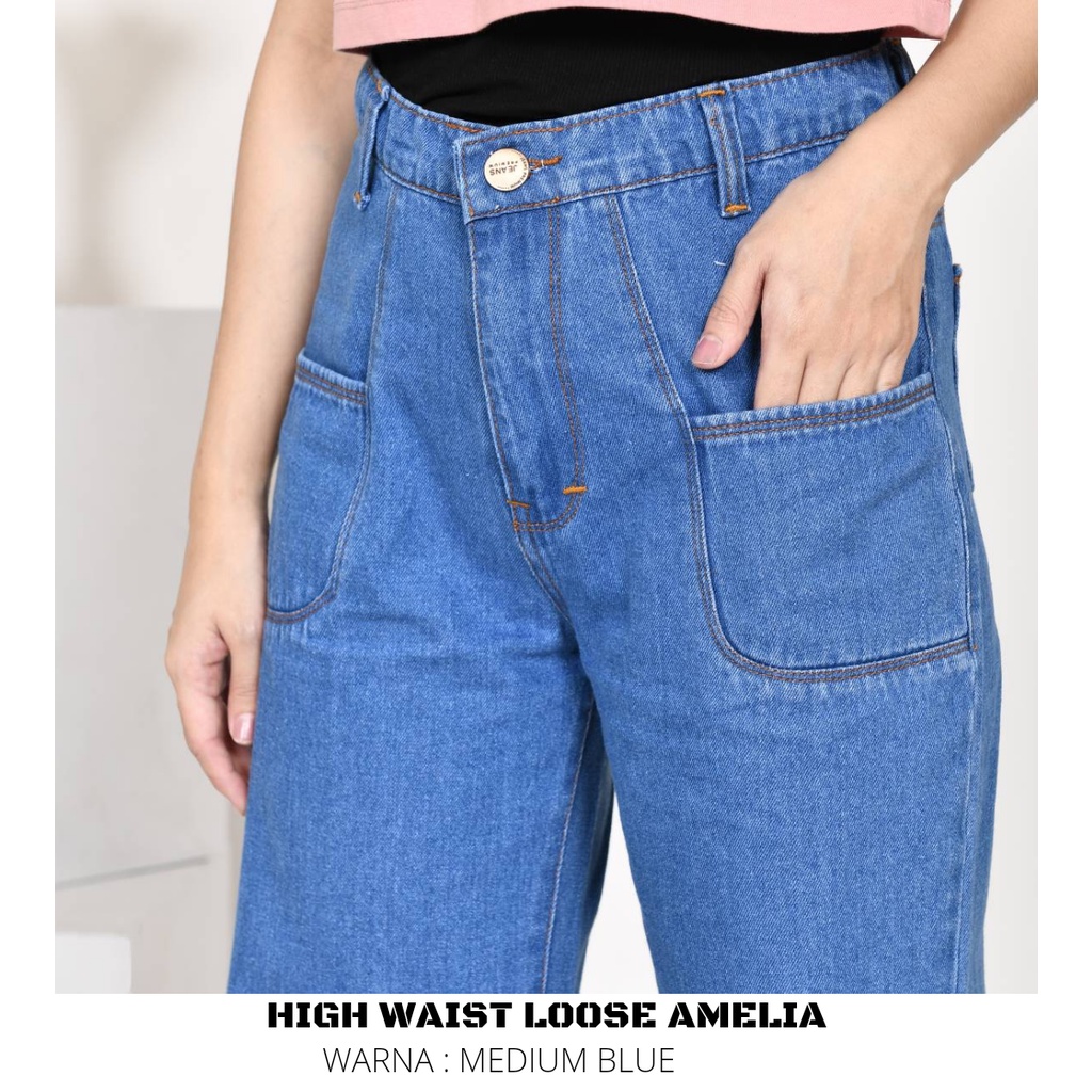 YAOSHI- Celana Panjang Pinggang Tinggi Wanita - BF Kulot  Loose Jeans Vintage Amelia Gaya Korea LONG PANTS