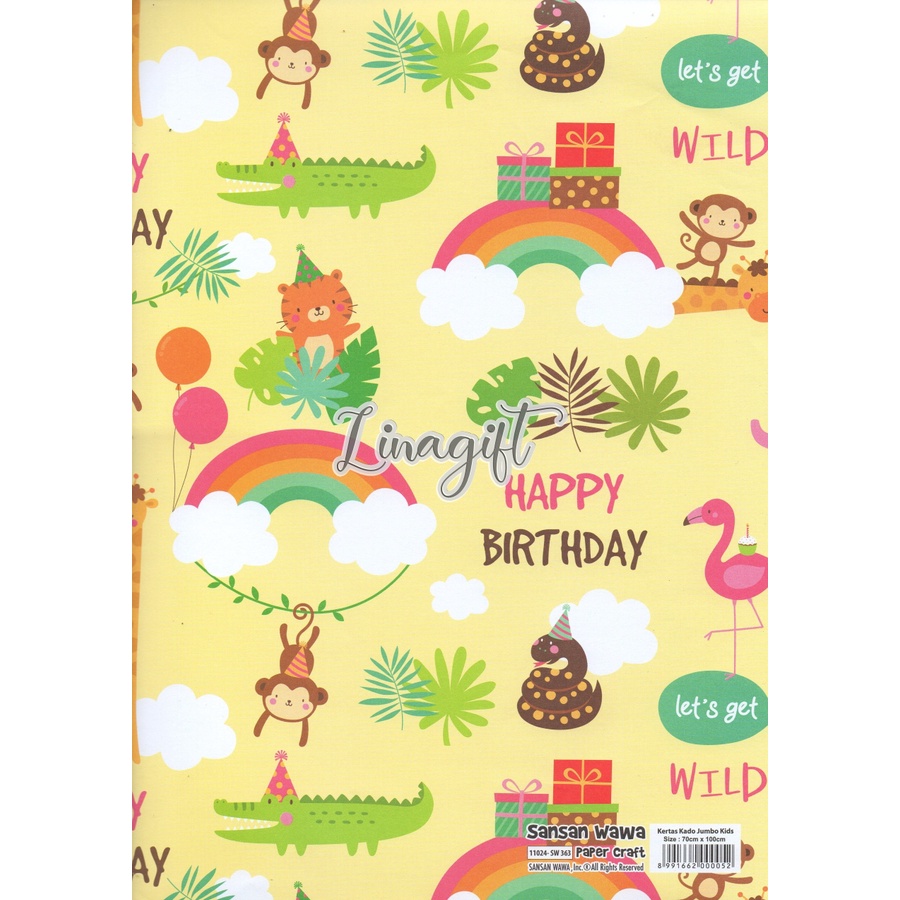 ( 5 Lembar ) JUMBO BDAY - KERTAS KADO SANWA RAINBOW UNICORN - GIFT WRAP PAPER ULANG TAHUN KUDA PONY HAPPY BIRTHDAY CUTE ANIMAL CATS FLAMINGGO BALOONS / BALON