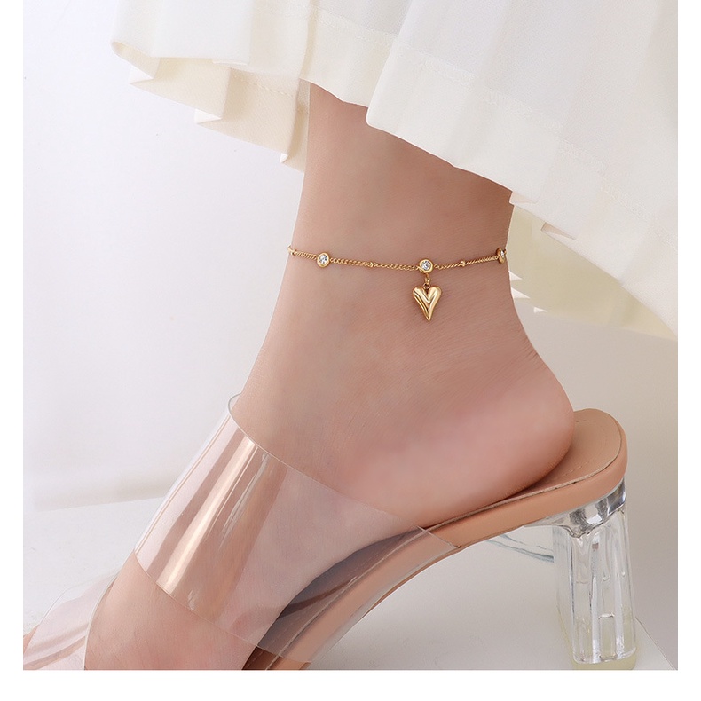 Korean 18K Gold Titanium Steel Anklet Female Crystal Heart Pendant Colorless Anklet