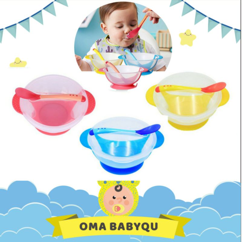 SET MANGKOK SENDOK TUTUP SENSOR PANAS ANTI TUMPAH / MANGKOK ANTI TUMPAH / PERALATAN MAKAN ANAK