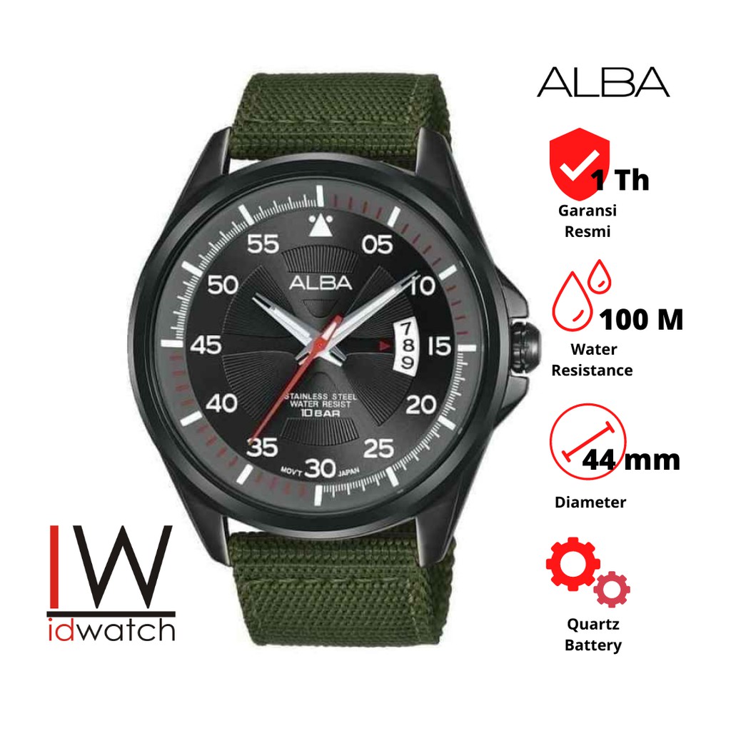 Alba AS9H15X1 Jam Tangan Pria Original AS9H1 Cowok Green Nylon Strap Kanvas Nilon Sports
