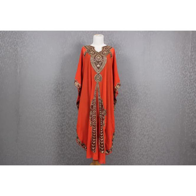 8f1j kaftan oranye bata gamis kaftan oren lebaran terbaru bordir orange - orange tvhi