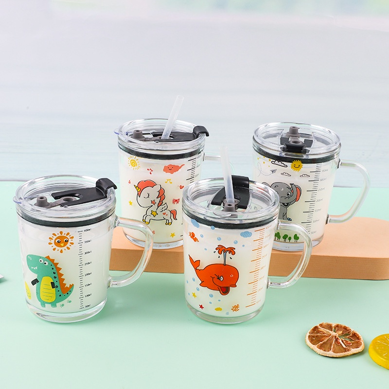 Gelas Anak Motif Animal Kaca Bening dengan Gagang dan Tutup Anti Bocor 400ml MALLSHOPPING