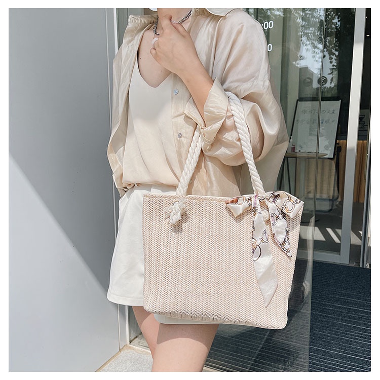 DBCOL Tas Tote Wanita Bahan Anyam Jerami Motif Lace Pita/Totebag Fashion Korea Motif Lace Pita Impor