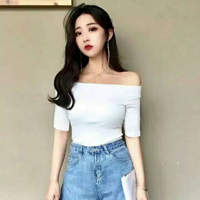 KAOS IMPORT SABRINA LENGAN 3/4 HITAM PUTIH POLOS