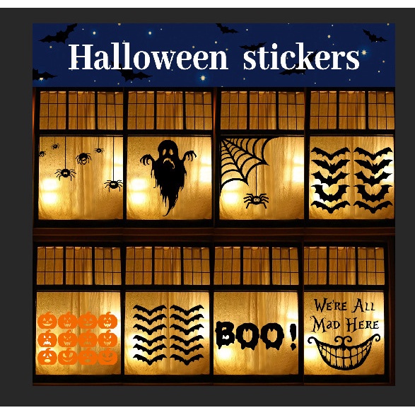 Stiker Dinding Decal Desain Hantu Kelelawar Labu Laba-Laba Untuk Halloween  Aksesoris Tulisan We 'Re All Mad Here Untuk Dekorasi Pesta