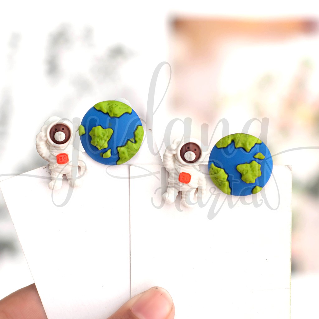 Anting Stud Dan Jepit Wanita Bear Astronaut And Planet Lucu GH 203395