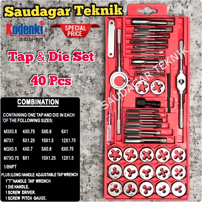 Hand Tap And Dies Set 40 pcs Kodenki Gagang Tap Alat Senai Pembuat Drat Set