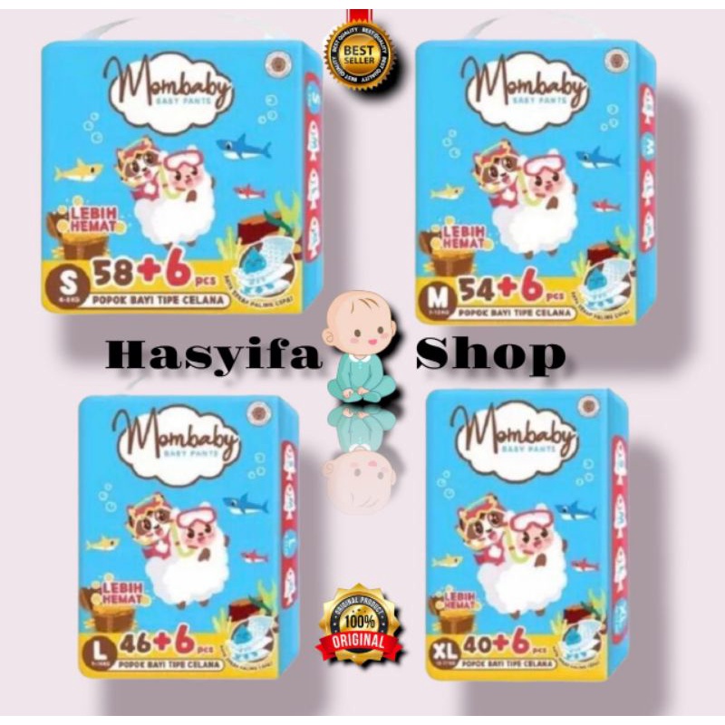 Pampers Murah MomBaby Pants Jumbo isi Banyak  Size S58+6, M54+6, L46+6, XL40+6 Tipe Celana