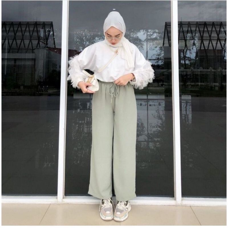 Celana Kulot Basic Linen Crincle Polos Kulot Celana Panjang Wanita Kekinian Nyaman Pinggang Elastis