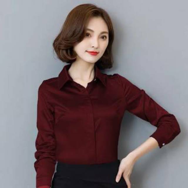 Kemeja formal wanita lengan panjang merah maroon