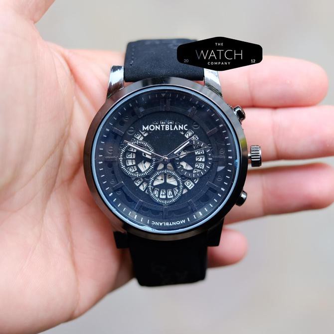 Jam Tangan Pria Cowok Montblanc Chrono Off Leather Strap Full Black