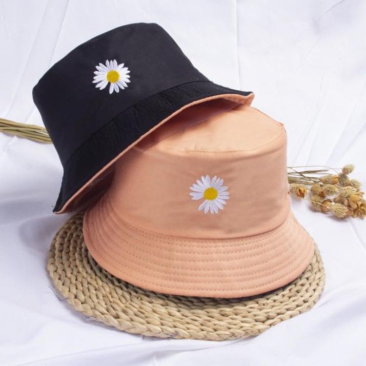 Bucket Hat Motif Bordir Bunga Daisy Bahan Cotton Drill Remaja Dewasa