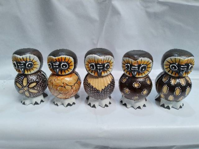 (BISA COD) SATU SET PAJANGAN MINIATUR BURUNG HANTU OWL ISI 5 PCS UKURAN 10 CM WARNA COKLAT KAYU UKIR