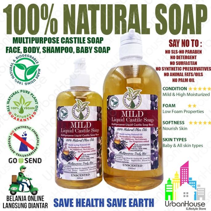 Natural Vegan Castile Soap - Mild Unscented Sabun Cair Castile Alami