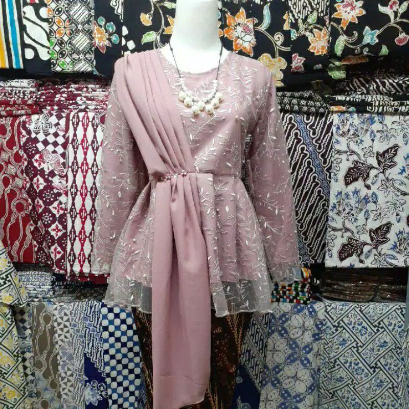 TERMURAH KEBAYA SLENDANG,KEBAYA MAURA,KEBAYA TILE,TERBARU,WISUDA,COUPLE ROK KEMEJA-Set kbya rosegold