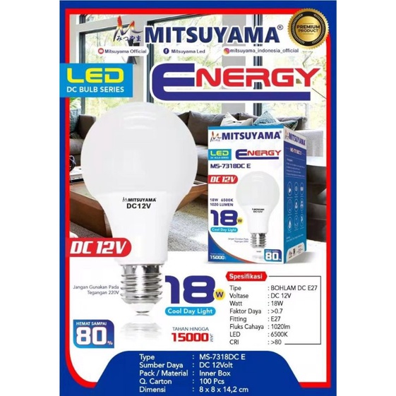 Bohlam Lampu LED Energy DC 12V E27 Super Terang 15W&amp;18W MITSUYAMA