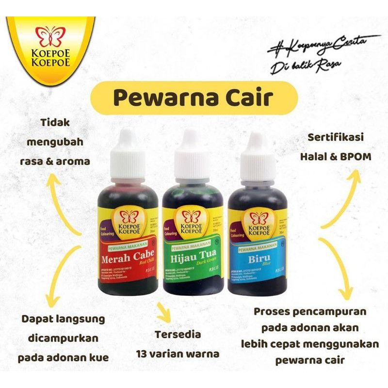 

Pewarna Makanan Koepoe Kupu 30ml / Koepoe Koepoe Food Colouring Bahan Baking Termurah