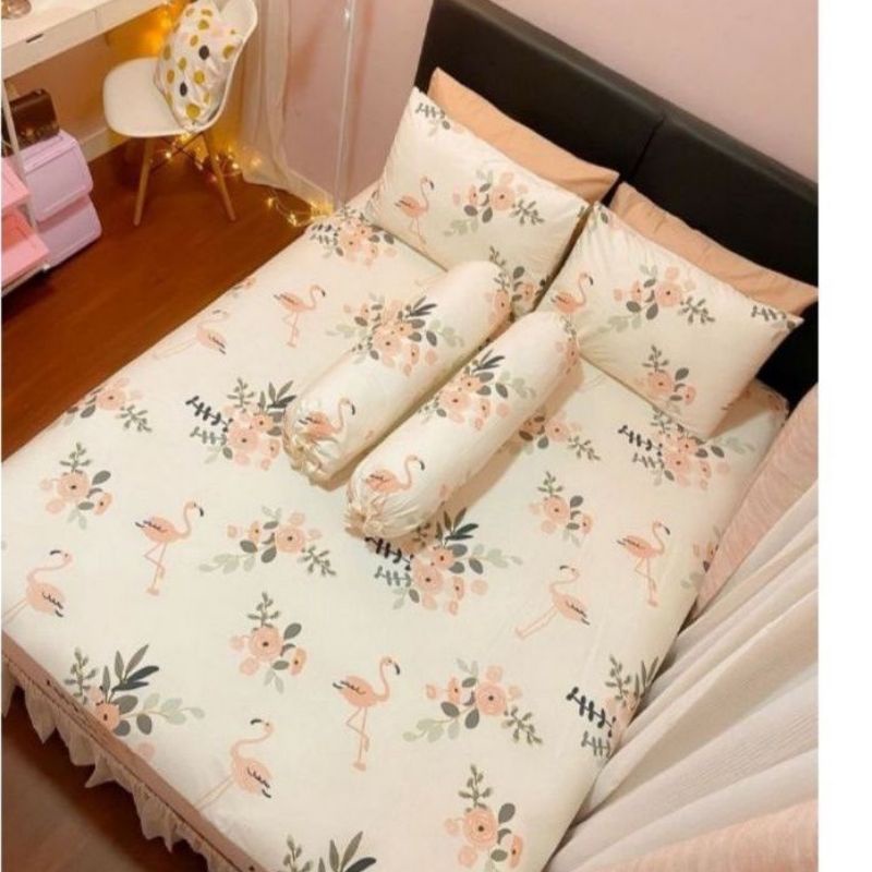 Sprei katun aesthetic ala Korea jepang motif flamingo Bunga anti geser sprei motif sabby chic