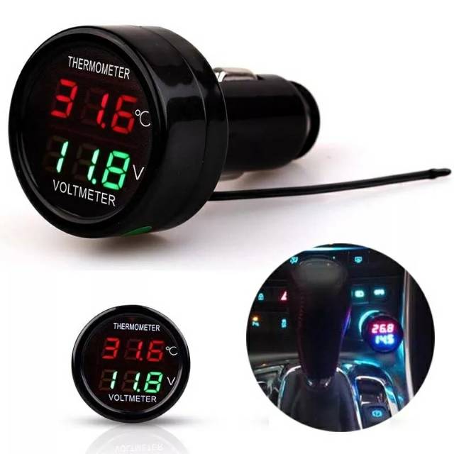 Pengukur Tegangan Volt Thermometer Suhu Meter Monitor Tegangan 12 V 24 V LED Display Tahan Air