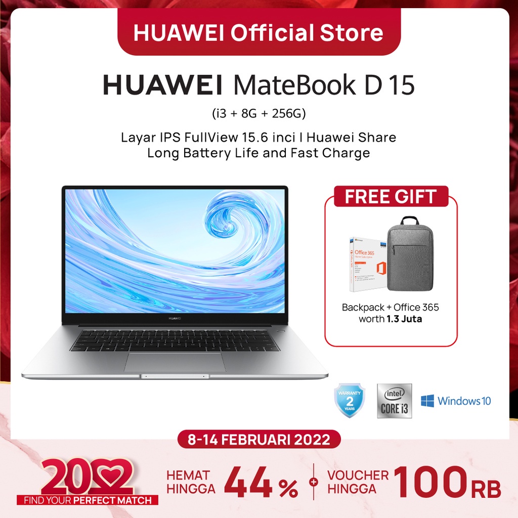 PROMO MURAH 2.2 FLASH SALE HOT    [Valentine] HUAWEI MateBook D15 i3 Laptop [i3/8GB/256GB SSD] |
