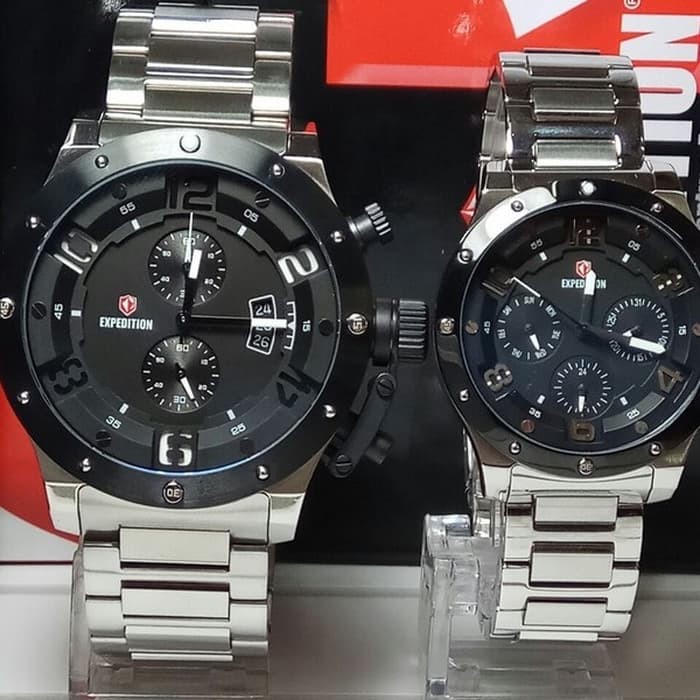 Jual jam tangan expedition e6381 couple rantai silver black Milenial