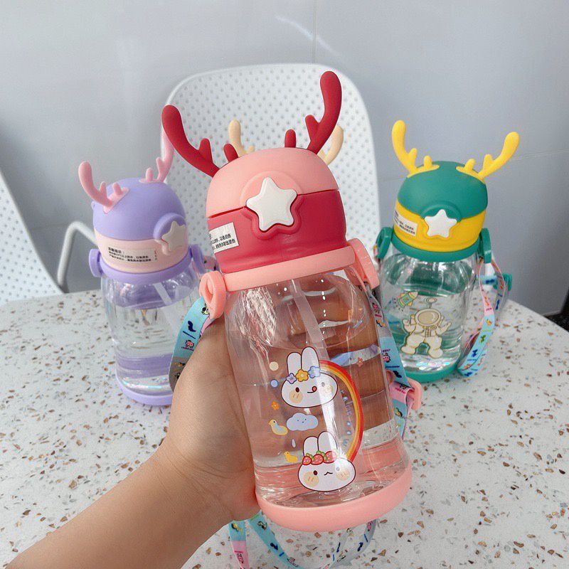 Botol Air Minum Sedotan TANDUK RUSA Tali Panjang / Botol Minum Anak 600ML Bpa Free Packing Bubble