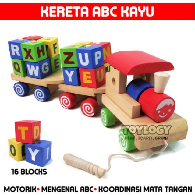 MAINAN EDUKASI ANAK KERETA API KAYU PELANGI BALOK ABJAD HYRUF ABC