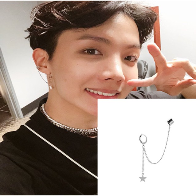 [Bayar Di Tempat]BTS J-hope Long Chain Double Clips Star Pendant Personality Earring