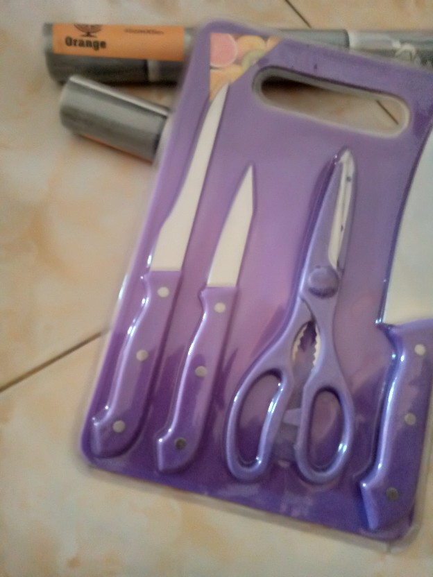 Cod - J2low - Partyhouse -set Pisau Dapur Knife Set 5in1 + Talenan Stainless Pisau Dapur 20cmx30cm