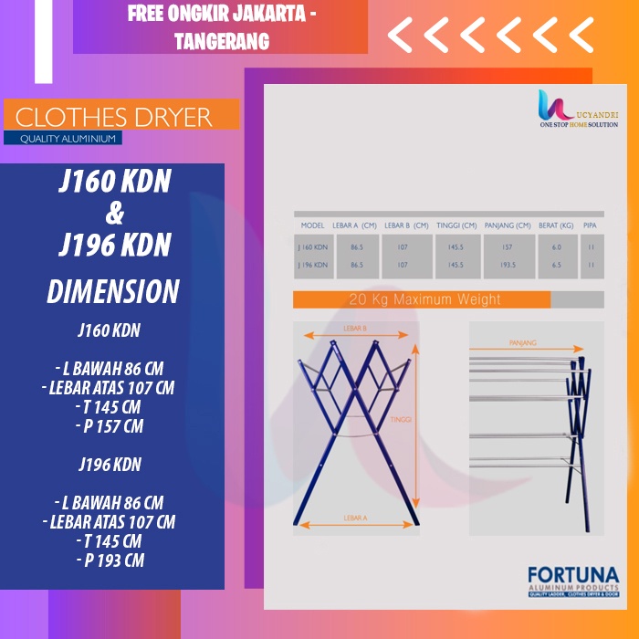 Jemuran Baju Pakaian Fortuna Aluminium - PANJANG 160 CM FREE ONGKIR