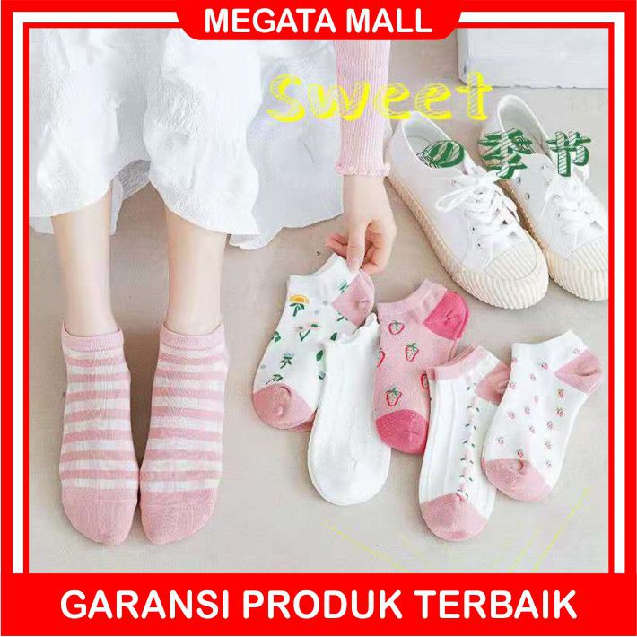 ♫ Megata ♫ A057 Kaos Kaki Wanita Fashion Motif Strawberry Bunga Kaoskaki Pendek Korea Sock Import