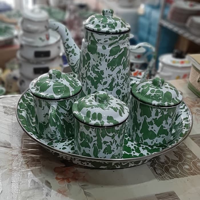 MUG CANGKIR GELAS TEKO NAMPAN BAKI ENAMEL SENG BLIRIK BLURIK LURIK LORENG HIJAU ANTIK VINTAGE JADUL