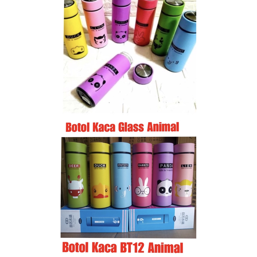 Botol KACA Termos GLASS karakter ANIMAL Kapasitas 450 ML / my bottle kaca unik gambar binatang / hewan lucu aneka warna / Jepalo shop Makassar-1