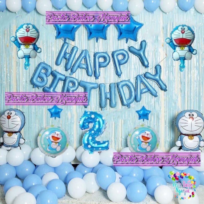 Paket set dekorasi ulang tahun tema doraemon happy birthday anak-anak backdrop background hiasan ult
