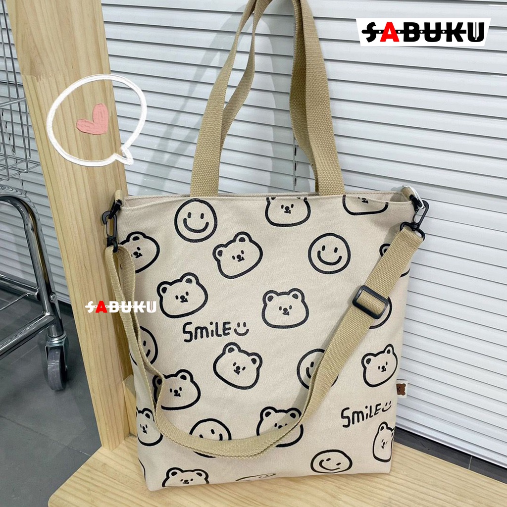 Tas Totebag SMILE Tas Selempang Sekolah Totebag Fashion Wanita Bahan Kanvas Premium -252