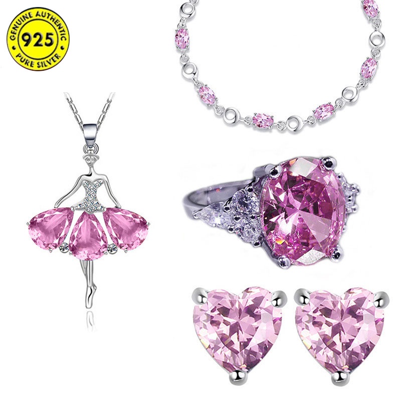 Set Kalung + Gelang + Cincin + Anting Gantung Sterling Silver 925 Rose Gold Dengan Kristal Ruby Untuk Wanita