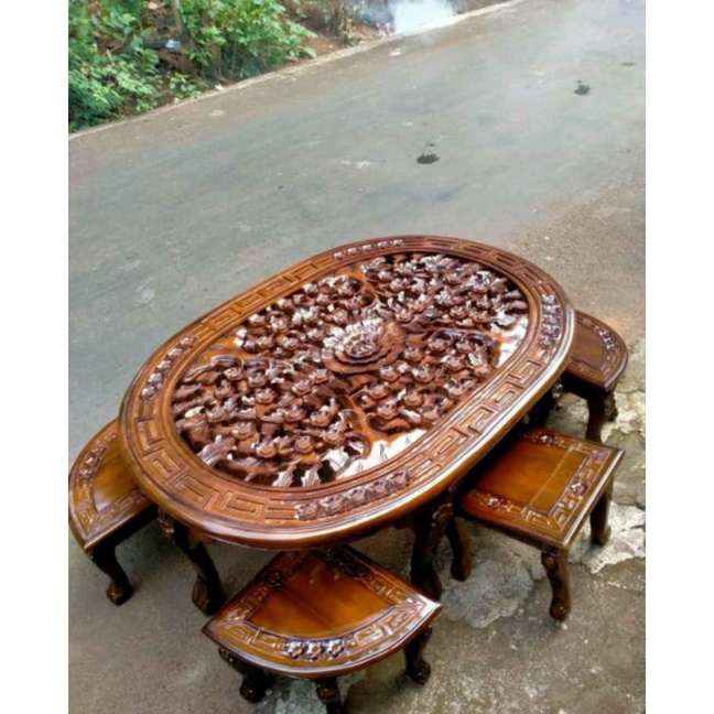 MEJA OSIN SET MEJA UKIR MEJA BUNDAR KAYU JATI JEPARA TERLARIS TERMURAH